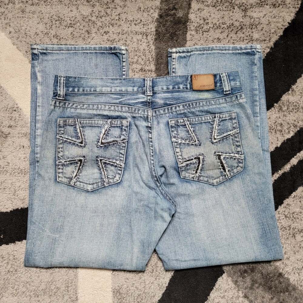 Flypaper 2000s Cross Pocket Light Wash Distressed Bootcut Jeans